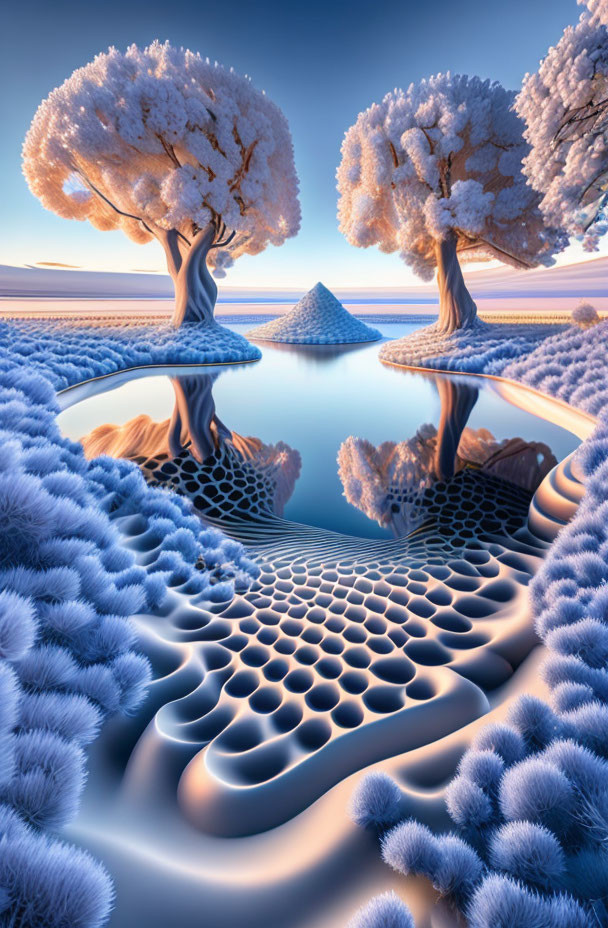 Snow-covered trees in surreal landscape with geometric terrains and mirrored water