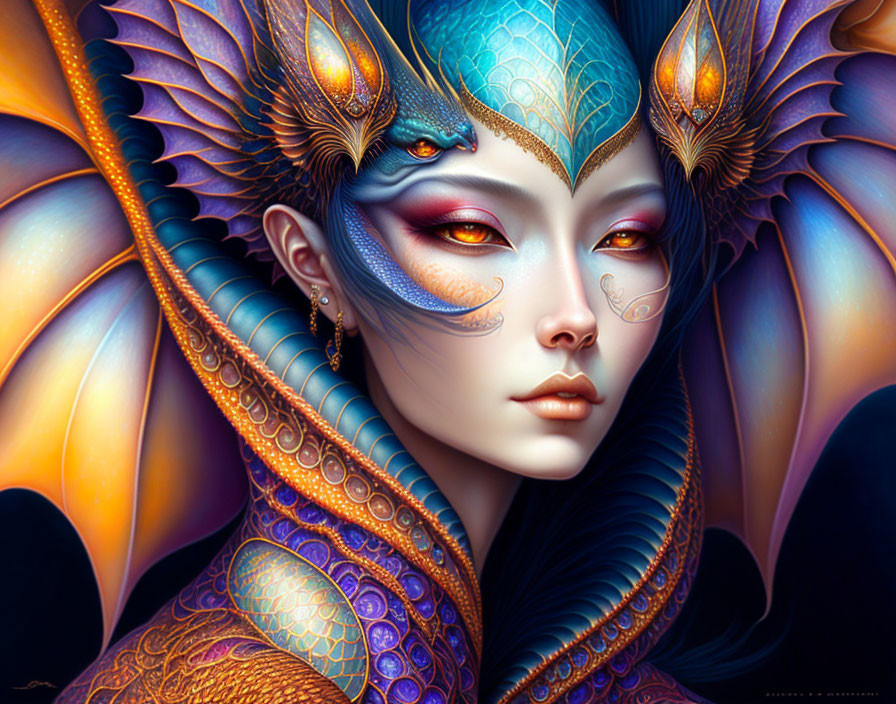 Colorful digital artwork: Woman with dragon-like features and intricate patterns