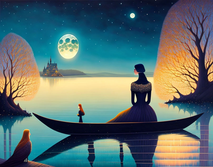 Whimsical artwork of woman, cat, and castle under moon