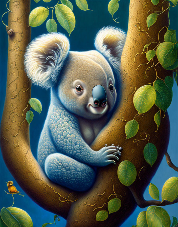 Illustration of a koala on tree with green leaves and bird against blue background