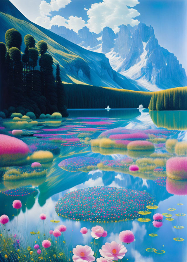 Fantastical landscape with serene lake, towering mountains, colorful flora