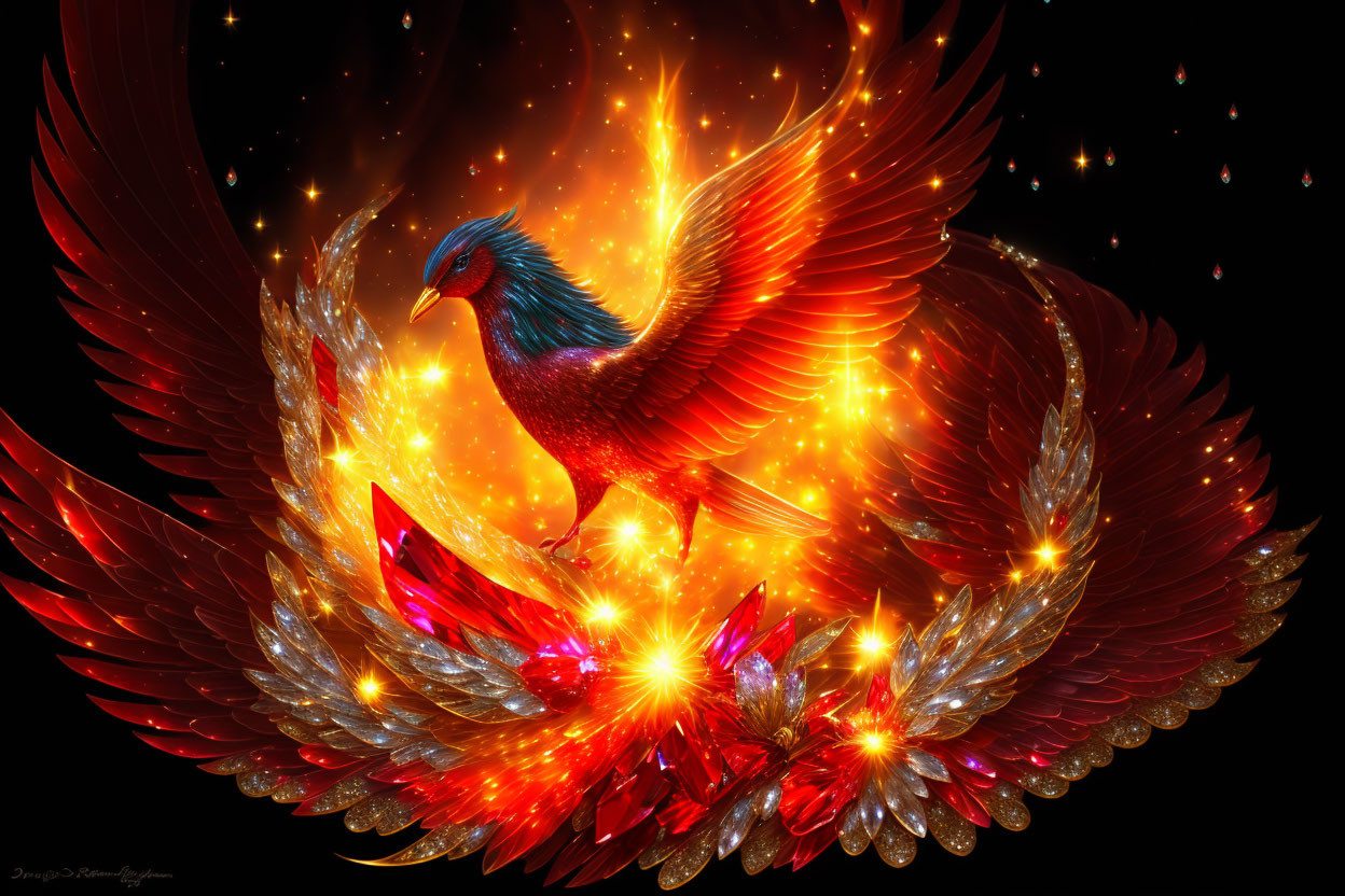 Colorful Phoenix Artwork with Red and Orange Feathers on Dark Background