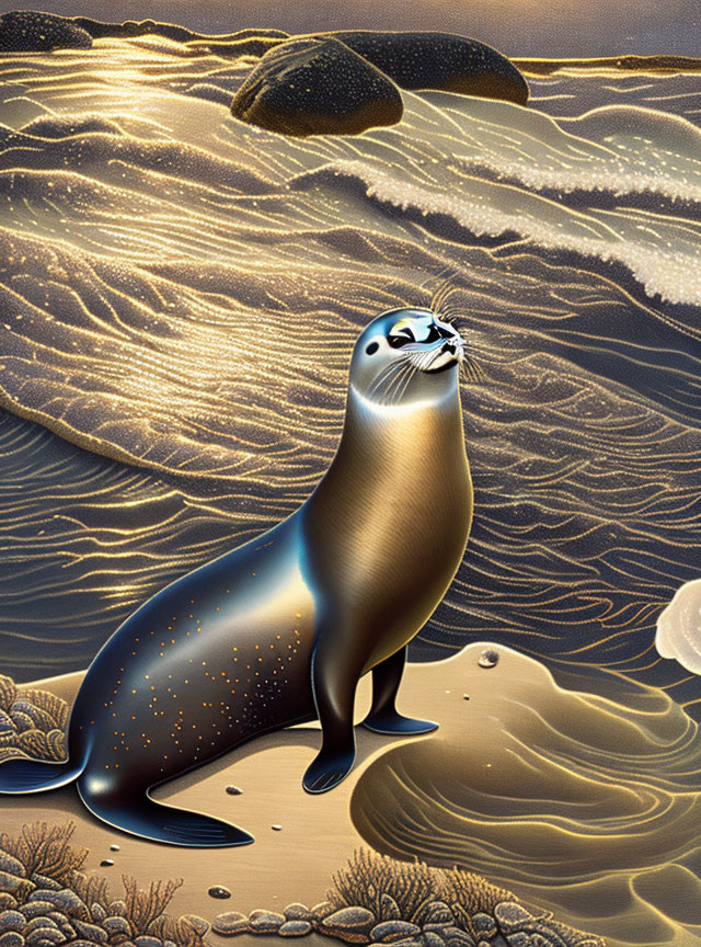 Golden-hued digital artwork: Seal on beach with glistening water