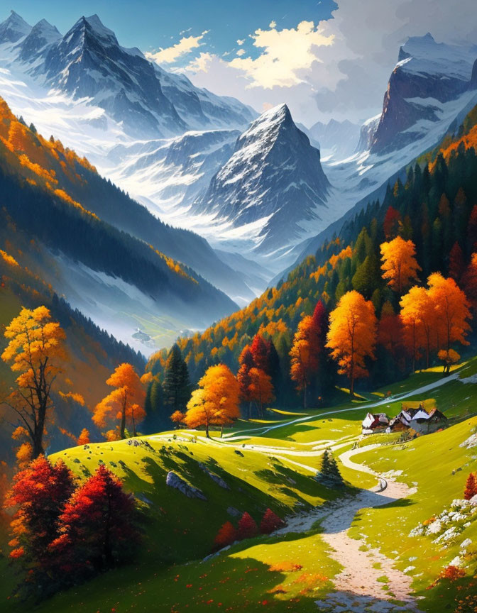 Colorful autumn landscape with snow-capped mountains, winding path, vibrant trees, and small settlement