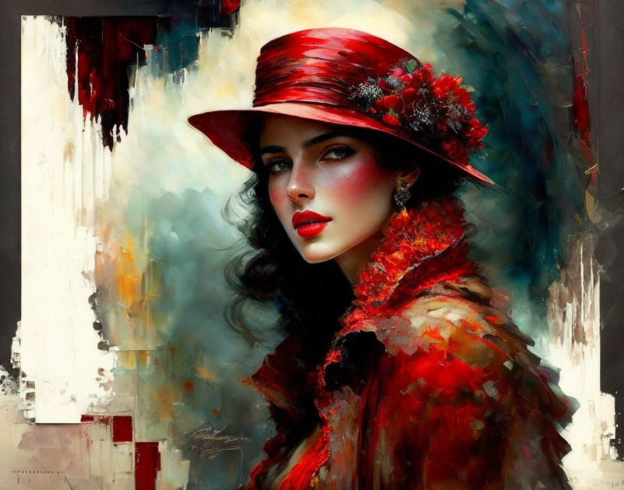 Woman in Red Hat and Scarf Against Abstract Red and White Background