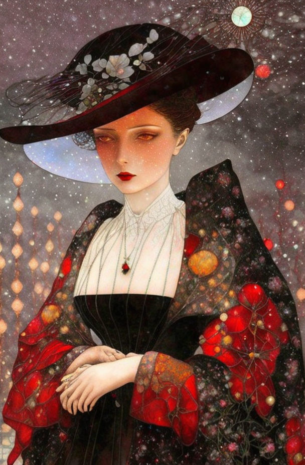 Illustrated woman with porcelain skin in black floral hat and red garments against starry backdrop