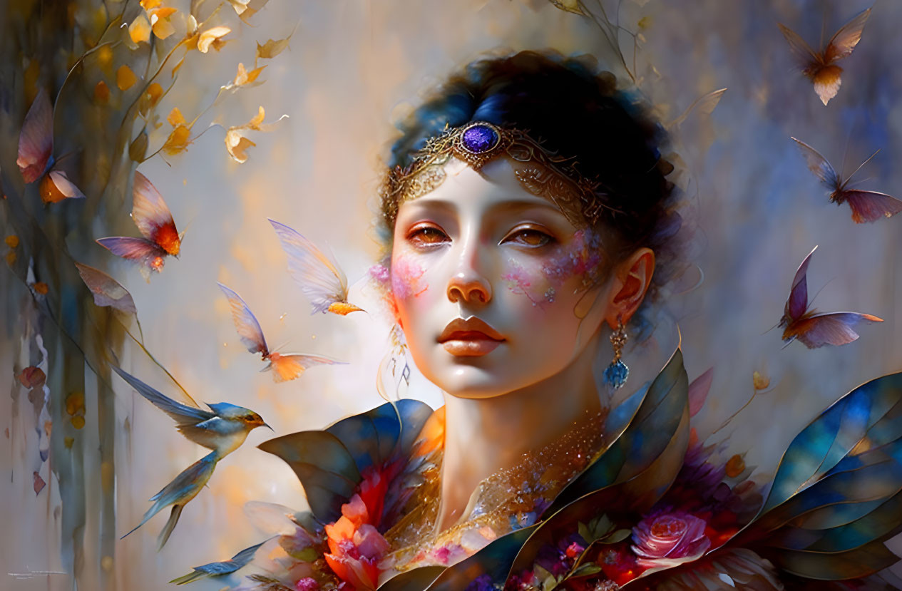 Ethereal woman with intricate headpiece surrounded by nature and butterflies