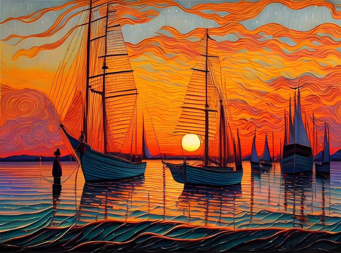 Colorful painting of sailing ships on wavy sea with sun, person on shore, and fiery sky