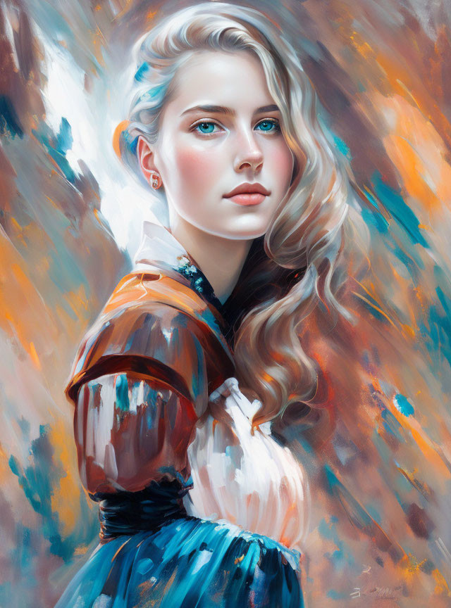 Vibrant digital portrait: Young woman with wavy blonde hair and blue eyes in blue and brown