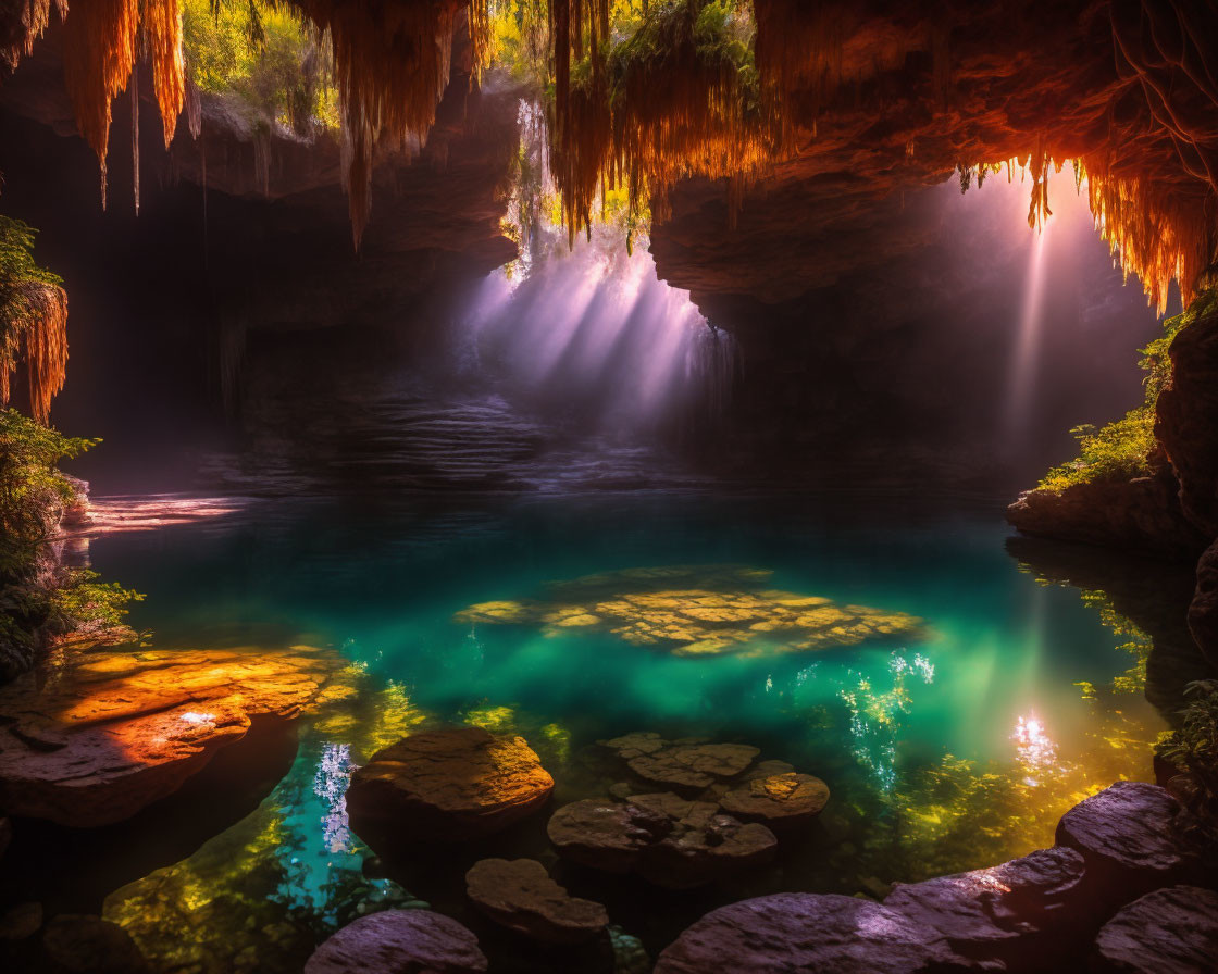 Sunlit Underground Cave with Tranquil Pool