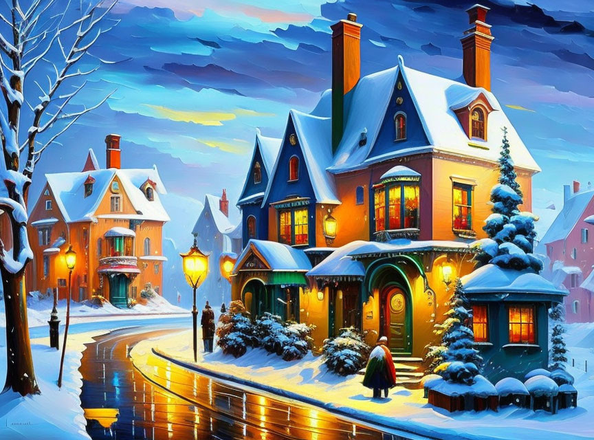 Snow-covered street at dusk with quaint houses and warm lights