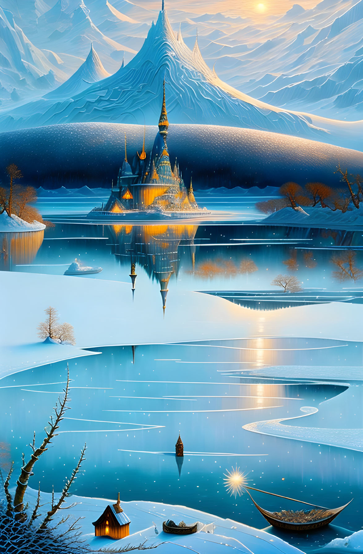 Fantasy winter landscape with castle reflection in icy lake