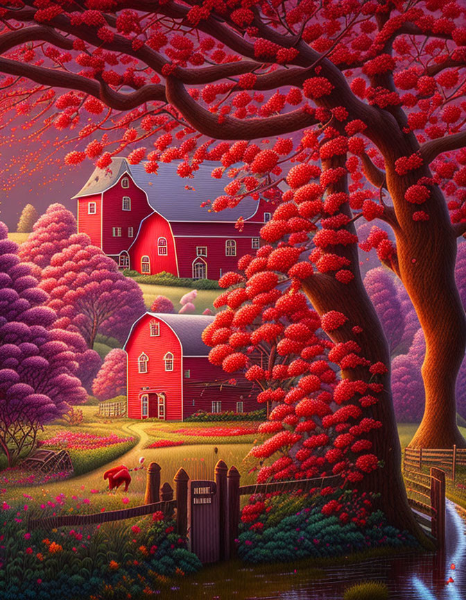 Colorful pastoral scene with red farmhouses, blossoming tree, grazing horse, and flower-lined path