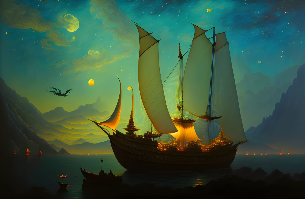 Majestic sailing ship in mystical night seascape