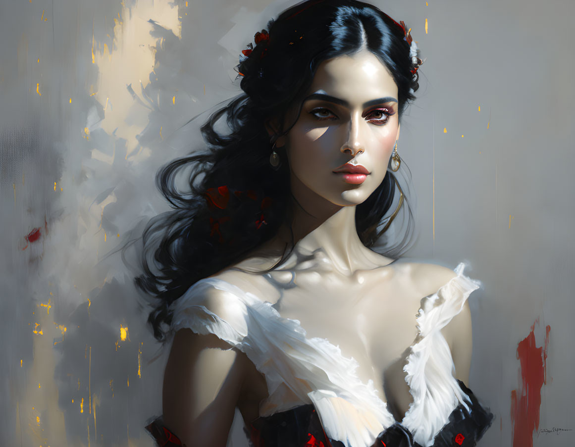 Dark-haired woman with red flower adornments in digital painting.