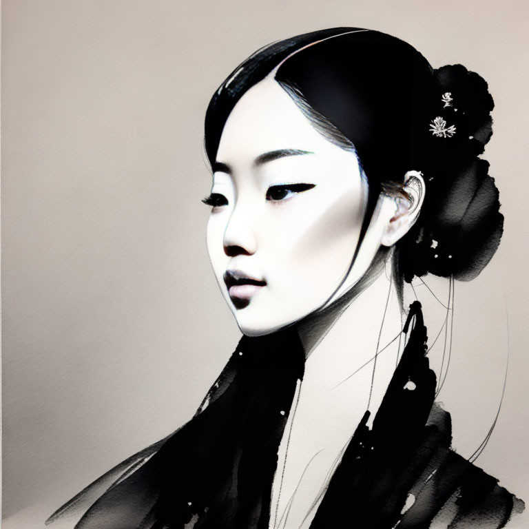 Asian woman digital artwork with sleek hairstyle and floral accessory in dark attire