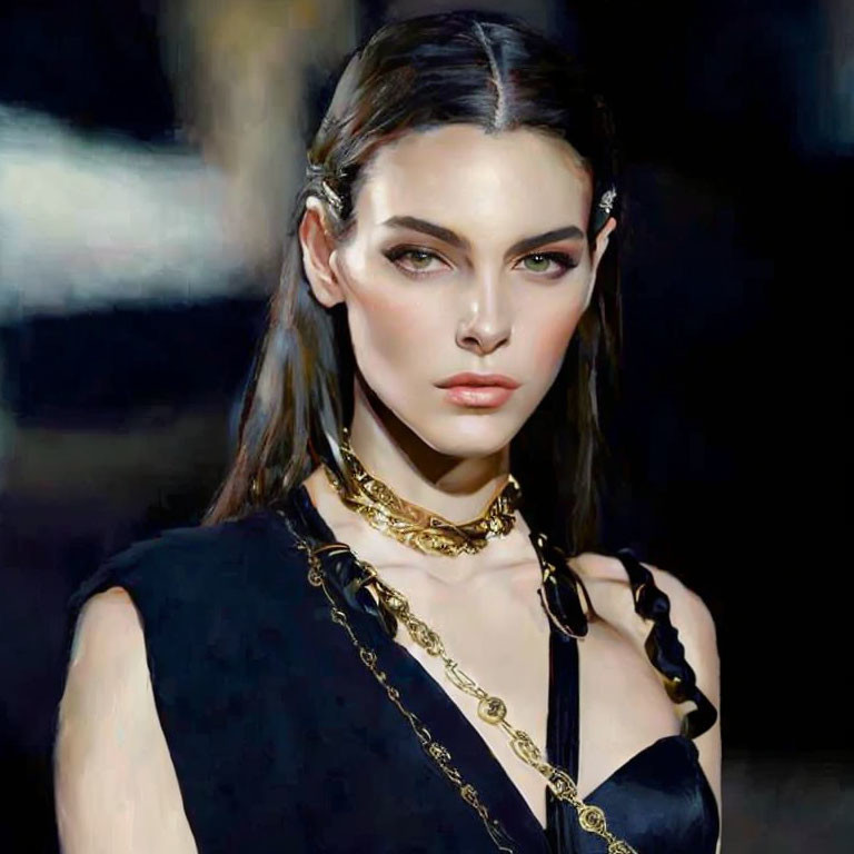 Dark-haired woman in striking makeup and gold jewelry, black outfit with strap details