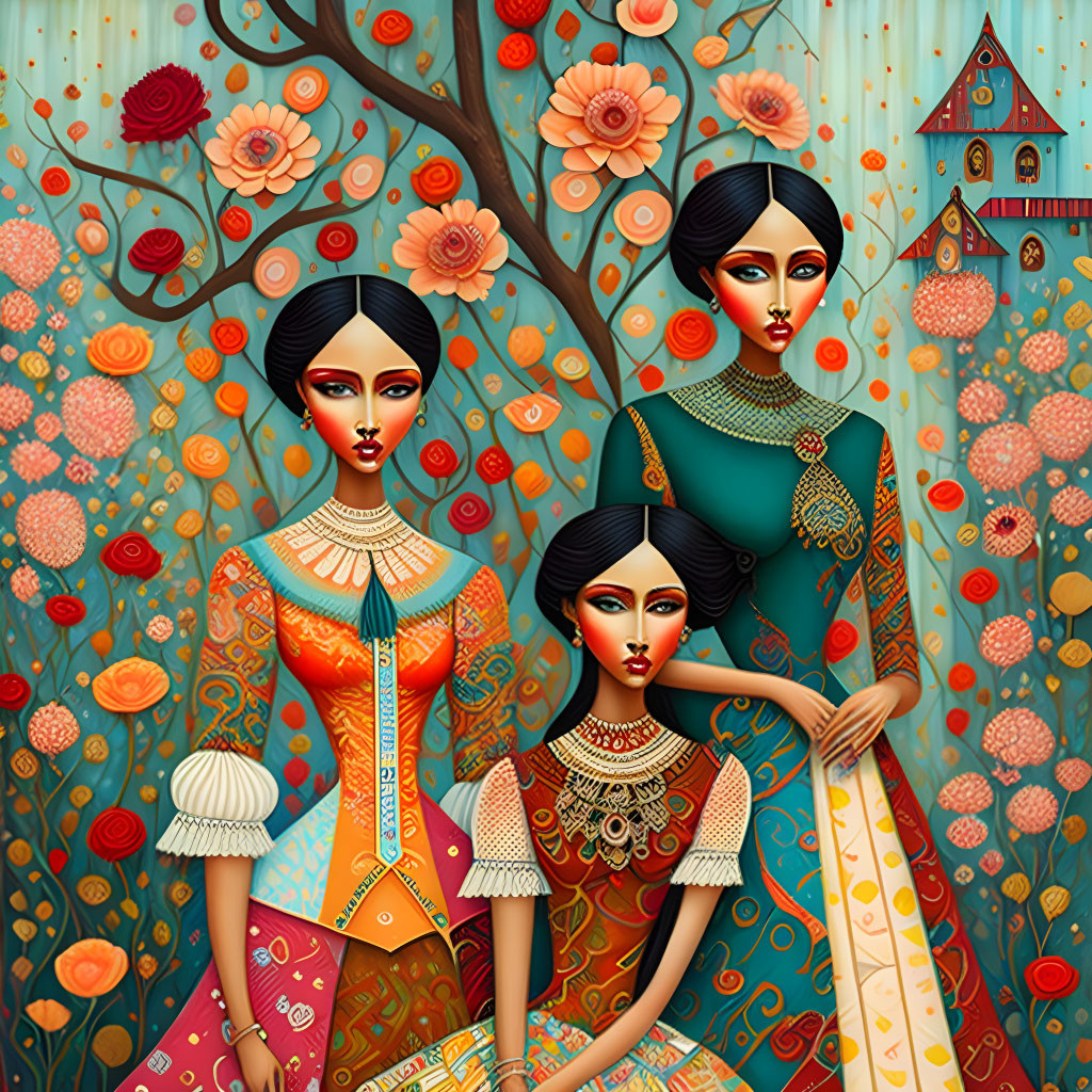 Three stylized women in ornate dresses amid floral background.