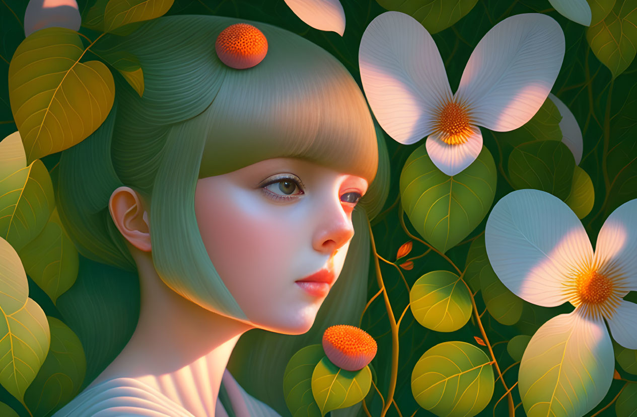 Digital artwork featuring girl with green hair and orange flower in serene floral setting.