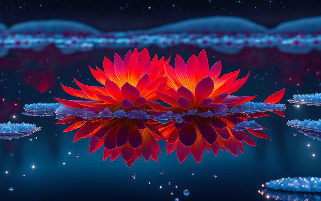 Tranquil night scene with vibrant red lotus flowers on blue water