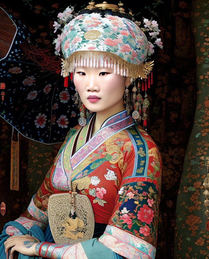 Person in traditional Asian attire with vibrant floral headdress and backdrop