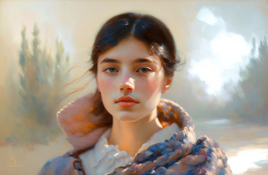 Digital painting of young woman with delicate features and rosy cheeks, wrapped in cozy scarf