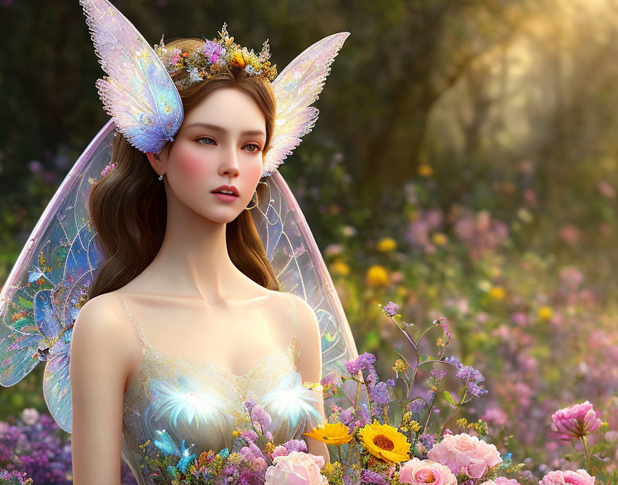 Fantasy female figure with butterfly wings in blooming garden