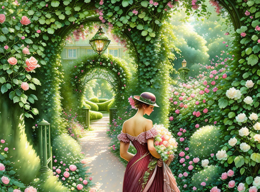 Vintage-dressed woman strolling in garden with roses and hedges