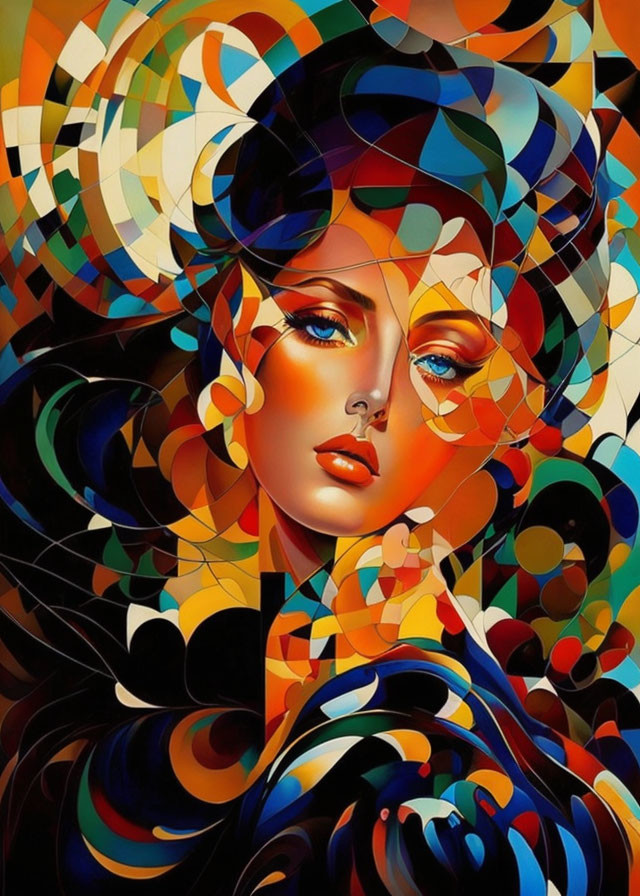 Colorful Abstract Painting of Woman's Face with Swirling Patterns