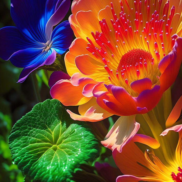 Colorful Blooming Flowers in Vibrant Hues and Lush Green Leaf