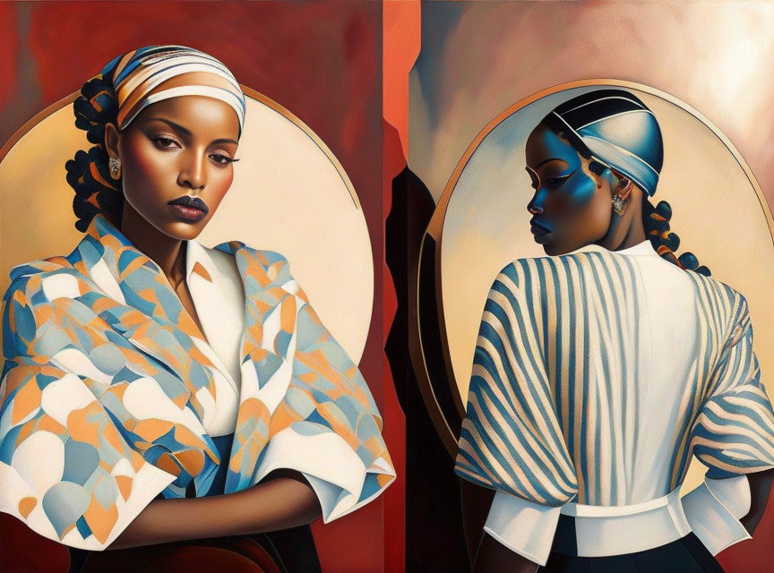 Mirrored woman in warm and cool tones with stylized clothing