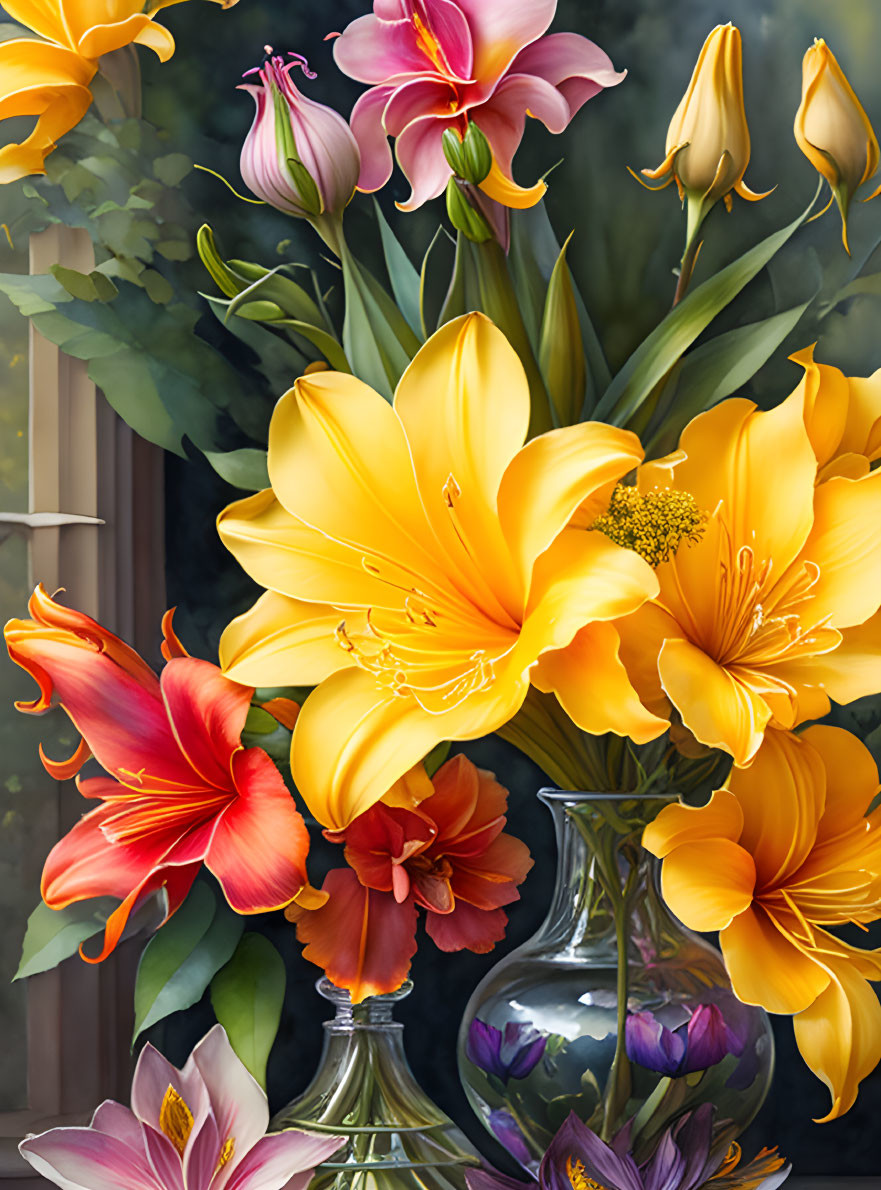 Colorful lilies bouquet in glass vase by window with delicate textures