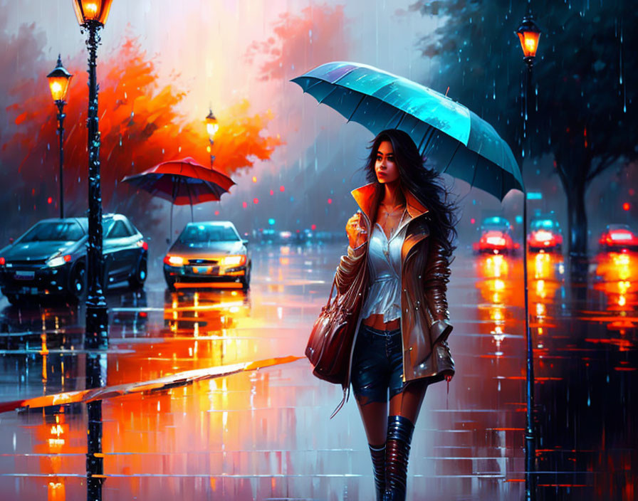 Woman with umbrella walking on rainy city street with vibrant colors and cars