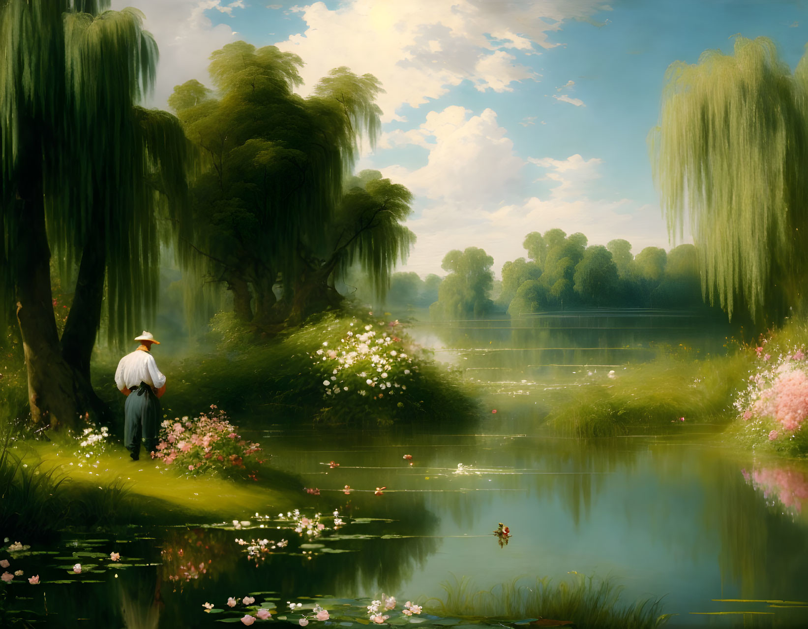 Tranquil landscape with person by calm lake surrounded by lush greenery