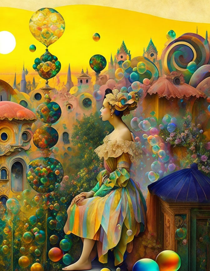 Whimsical art: Woman in vibrant dress amid colorful, bubble-filled scenery