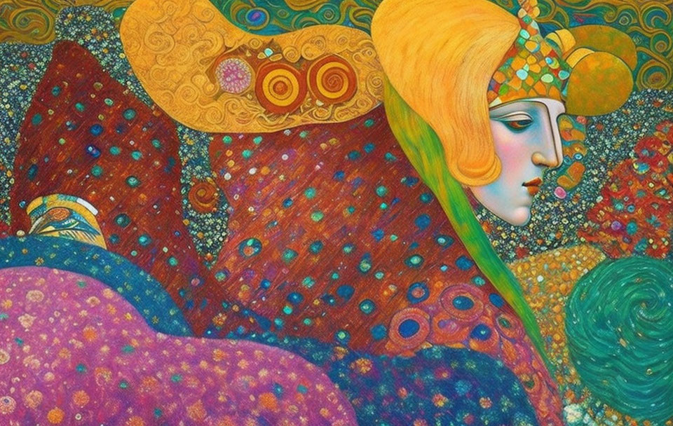 Colorful Art Nouveau-style painting of a woman with intricate patterns and vibrant colors