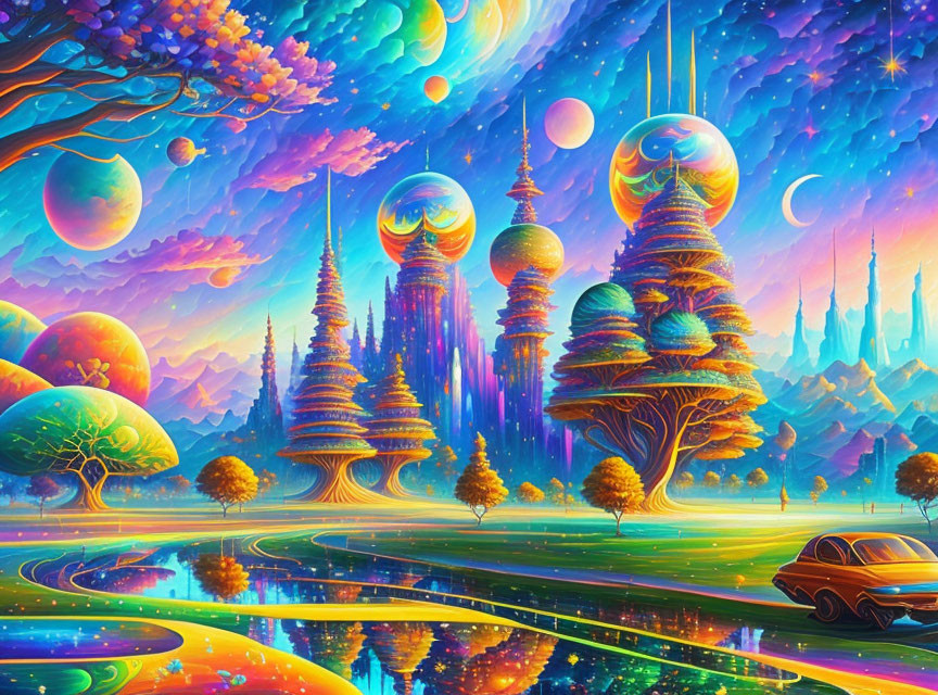 Colorful Trees, Futuristic Towers, Floating Orbs: Surreal Landscape with Reflective River and