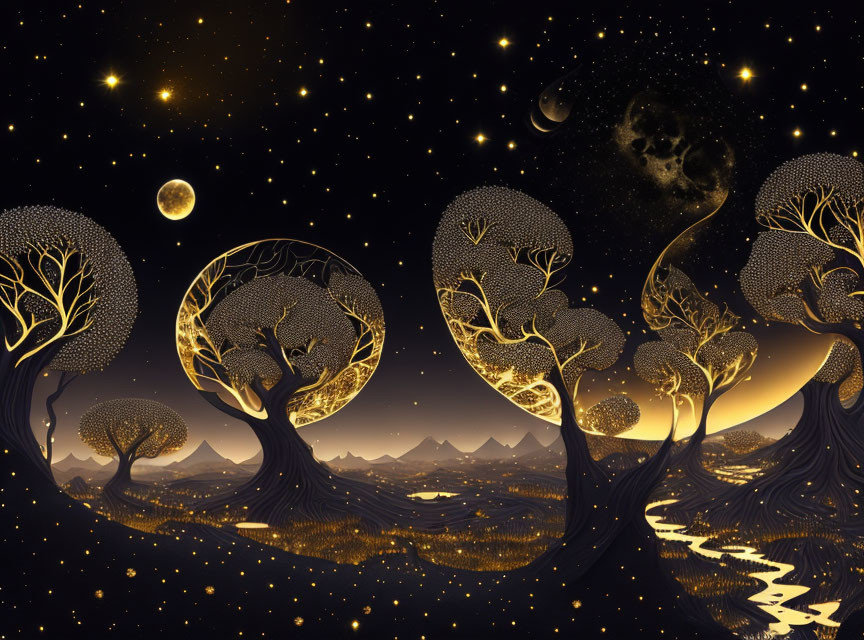 Artistic star-filled night sky with whimsical trees and circular patterns above serene landscape.