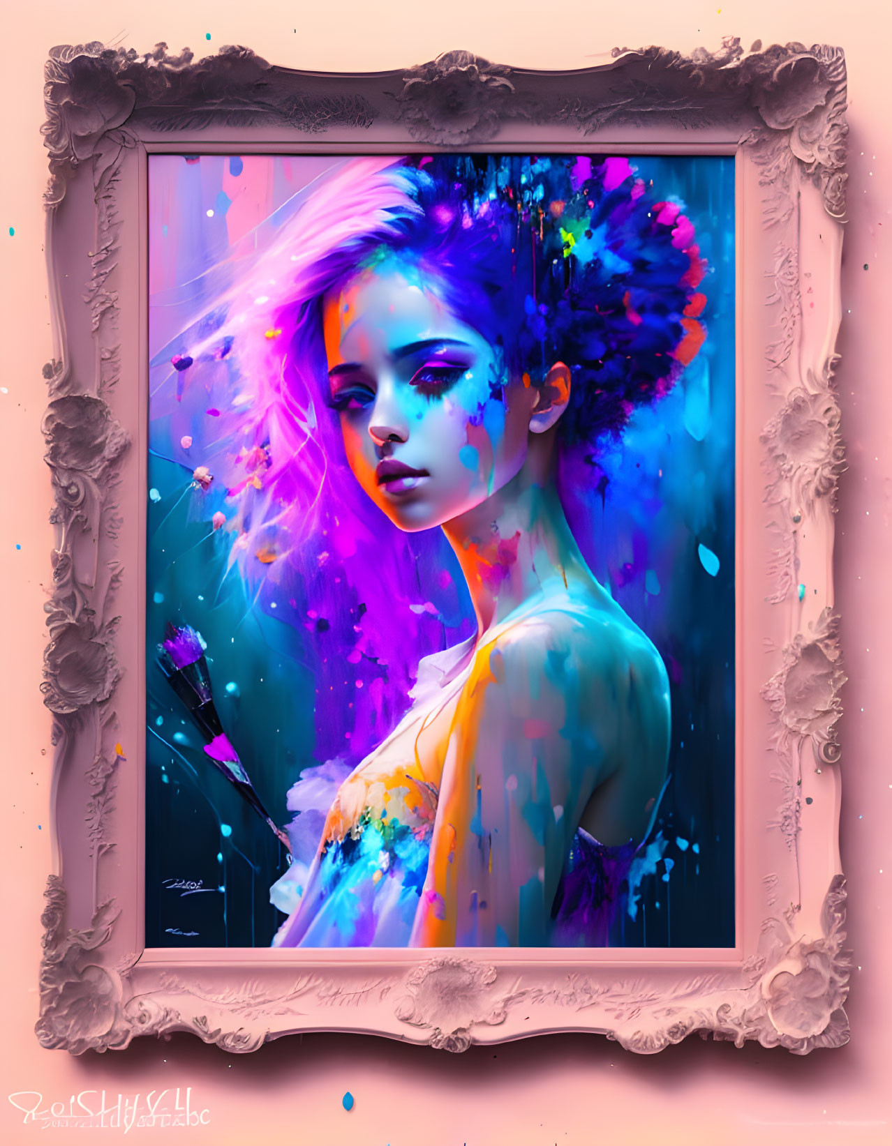 Colorful digital portrait of a woman in pink and blue hues, framed in ornate pink frame