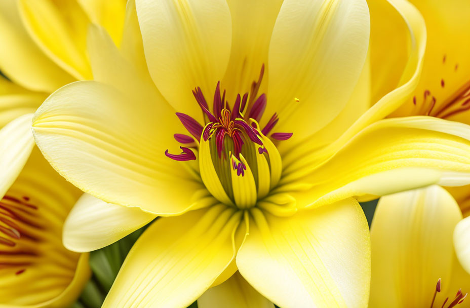 Vibrant yellow lily flowers with reddish-purple stamens.