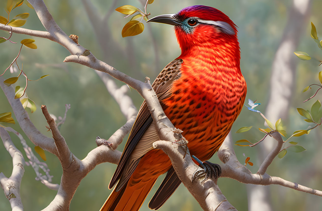 Colorful bird with red plumage perched on branch in forest setting