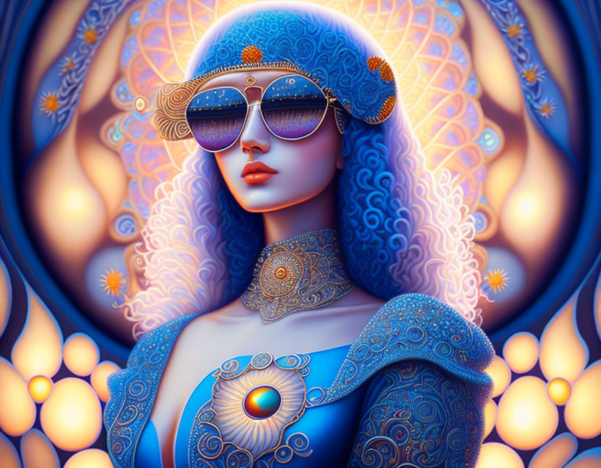 Illustration of woman with blue hair in round sunglasses and ornate clothing on vibrant background