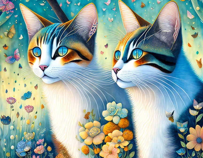 Colorful Whimsical Cats with Floral Patterns in Enchanted Forest