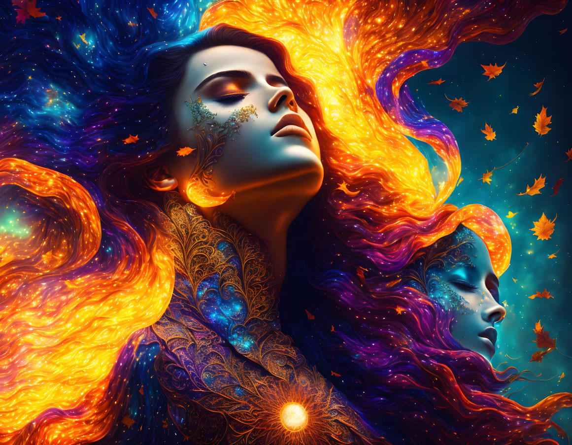 Colorful digital artwork: Two women with cosmic elements and autumn leaves