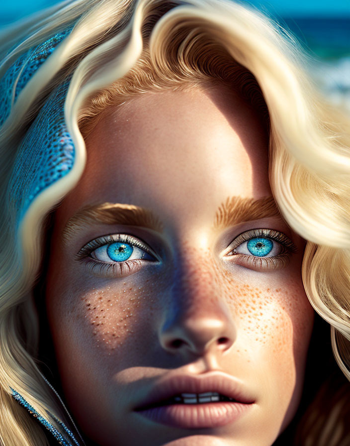 Blonde woman with blue eyes and freckles against blue backdrop