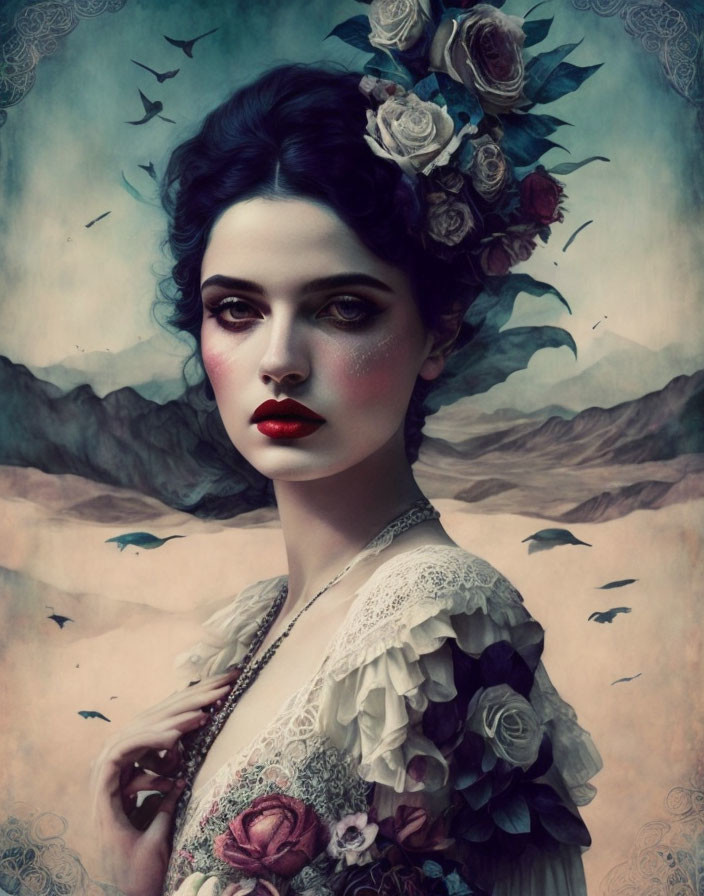 Dark-haired woman in rose headpiece with birds in desolate landscape