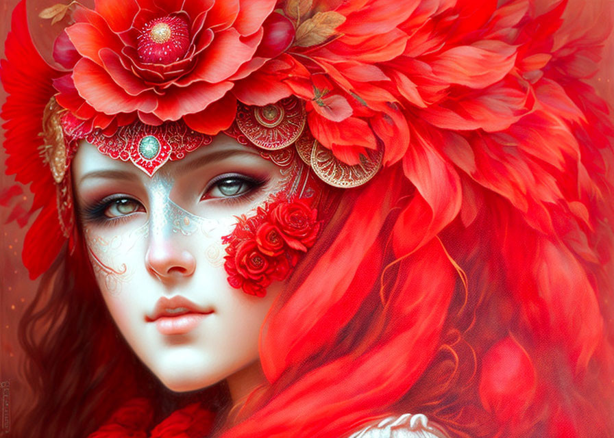 Digital artwork featuring woman with red flowers, jewels, and intricate mask design.