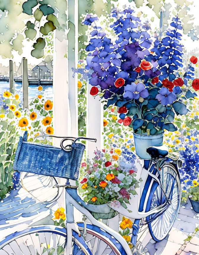 Colorful Watercolor Illustration: Blue Bicycle, Flowers, Sunny Window