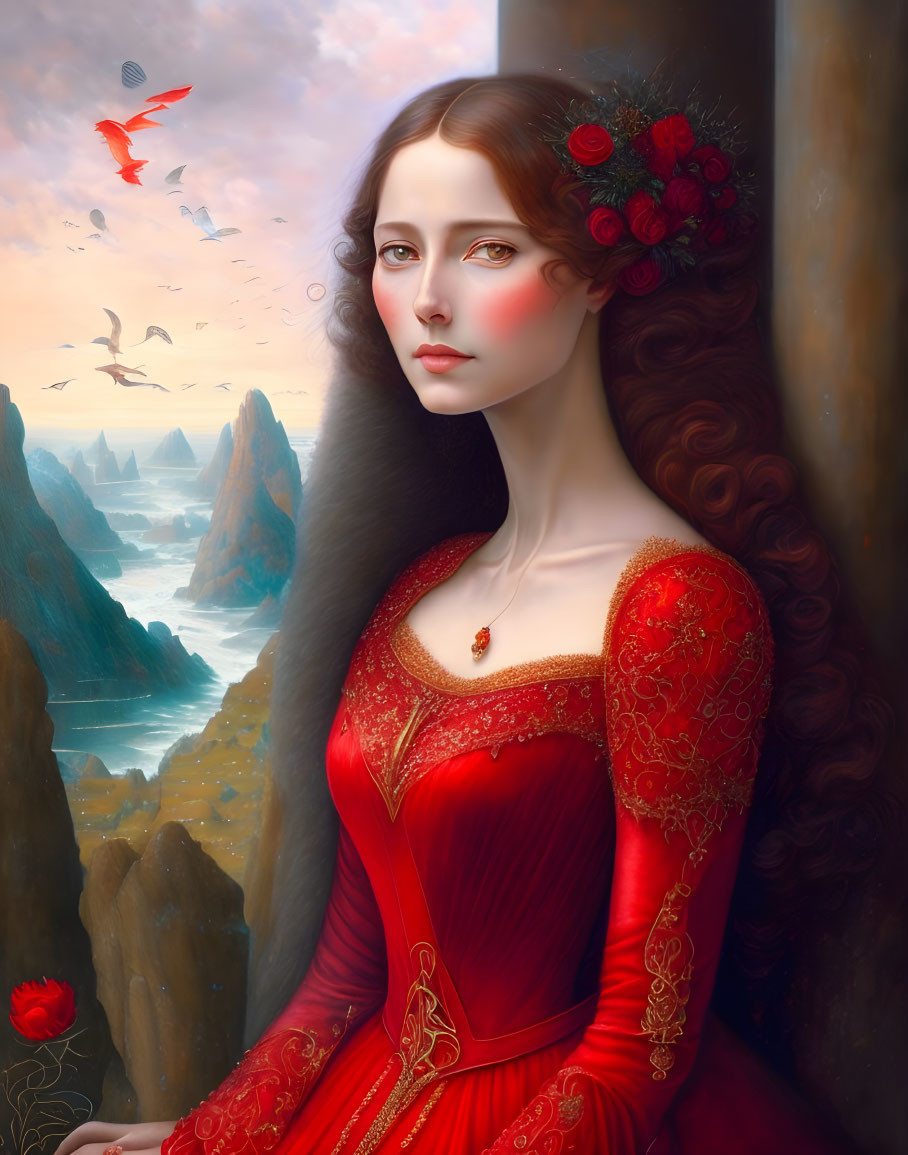 Fair-skinned woman with long dark hair in red gown surrounded by nature and birds