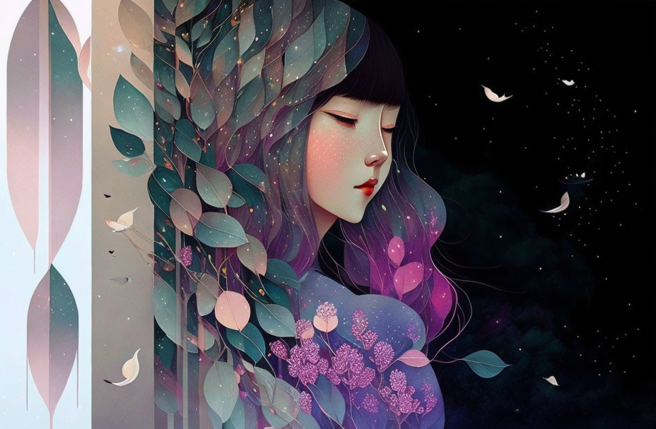 Illustration of woman with floral hair design merging into starry night sky and white birds.